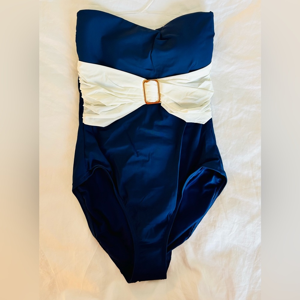 New, with tags | SPANX | Shaping one-piece swimsuit | Navy & white | Gold detail